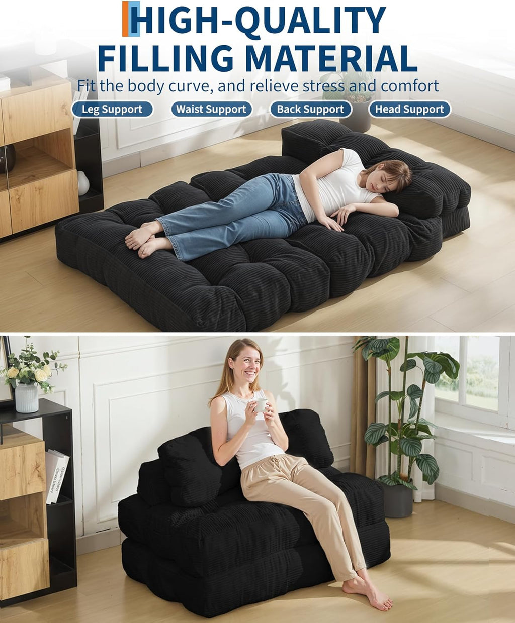 Folding Sofa Bed, Convertible Sofa Bed for 2 Person, Free Install Comforty Sleeper Sofa with Pillow, Compact and Versatile Sofa Couch for Guest Room, Portable Floor Lounge for Living Room, Dark Grey