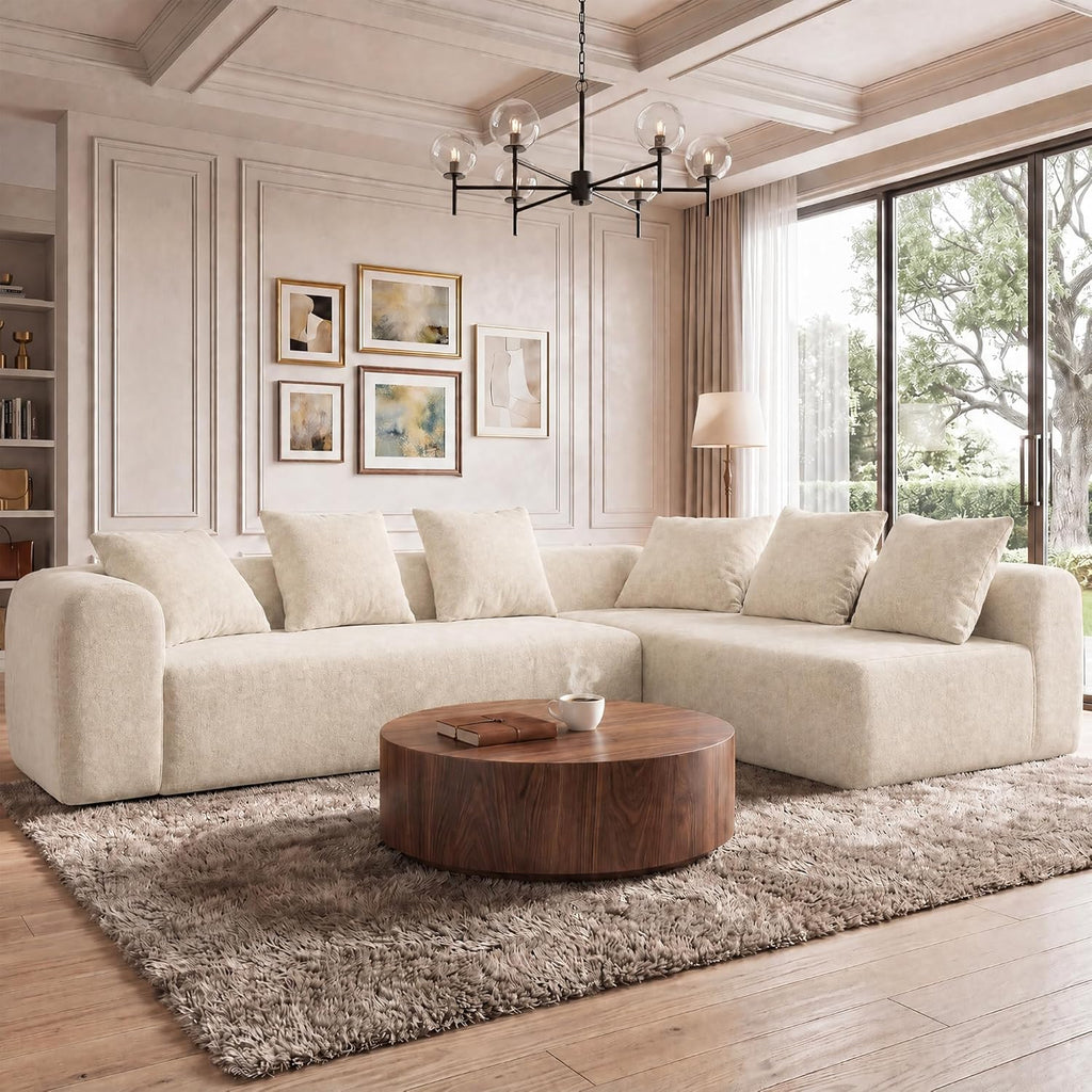 106" Cloud Boneless Couch, L-Shaped Sectional Sofa, Beige | Soft Knitted Fabric, Deep Seat Design, No Assembly Required,