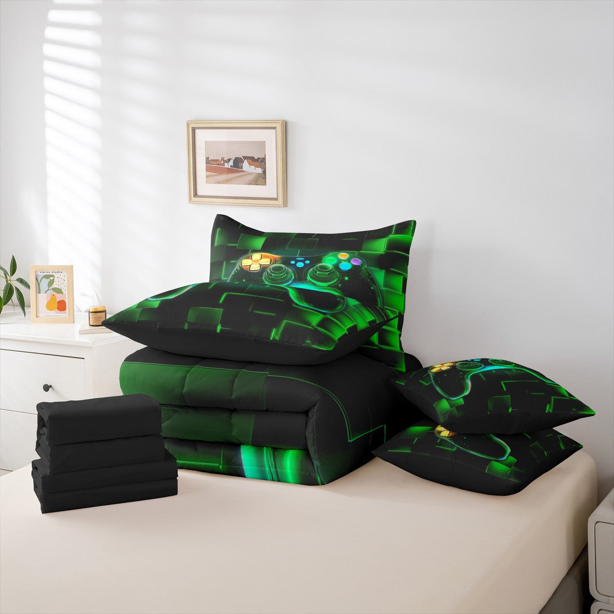 7-Piece Gamer Comforter Set, Twin, Gaming Bedding with Neon Glowing Green Geometric Patterns