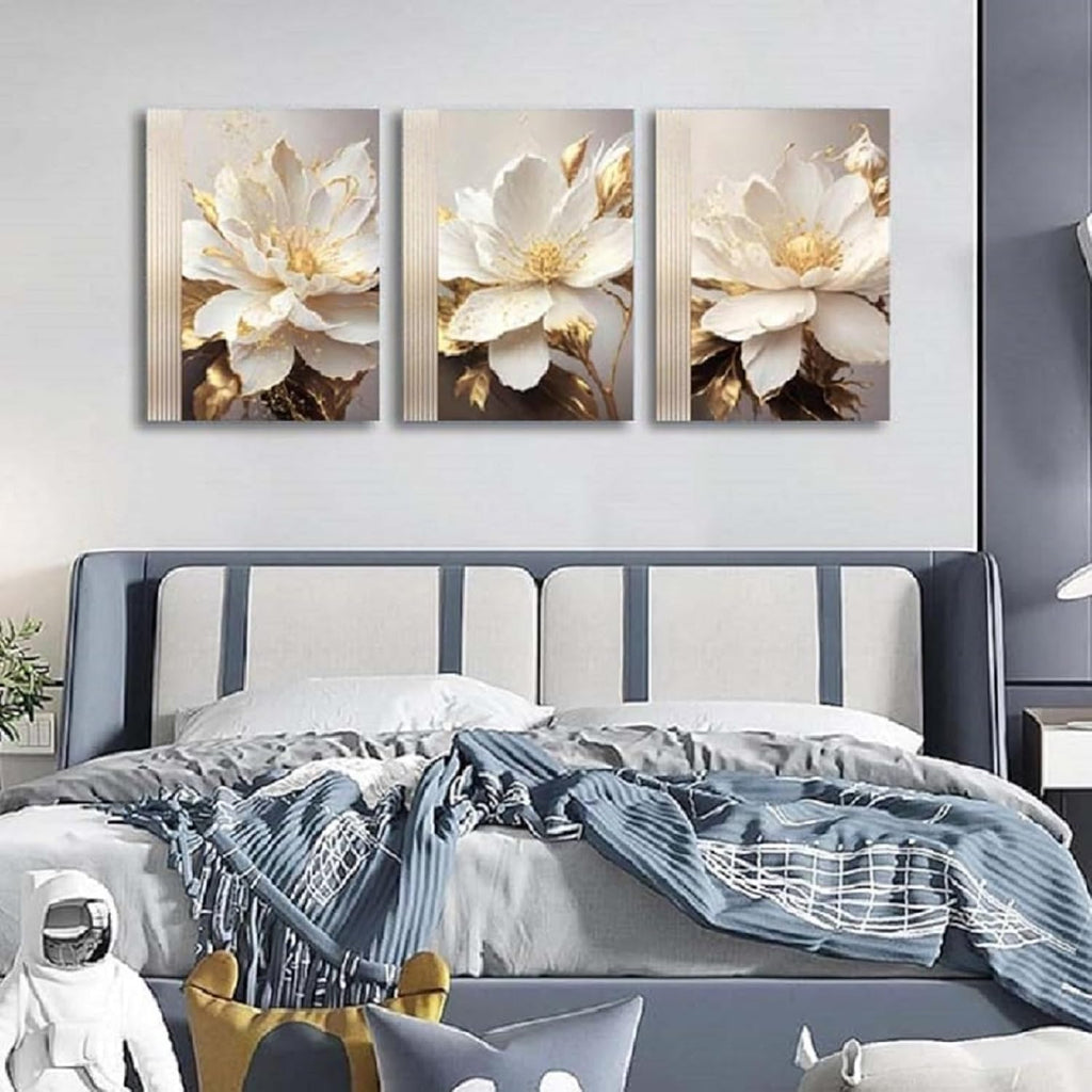 Flower Canvas Wall Decor Living Room Bathroom Wall Art Paintings for Bedroom Wall Art Dining Room White Floral Picture Poster Artwork Modern Framed Art Prints 3 Piece Home Decorations