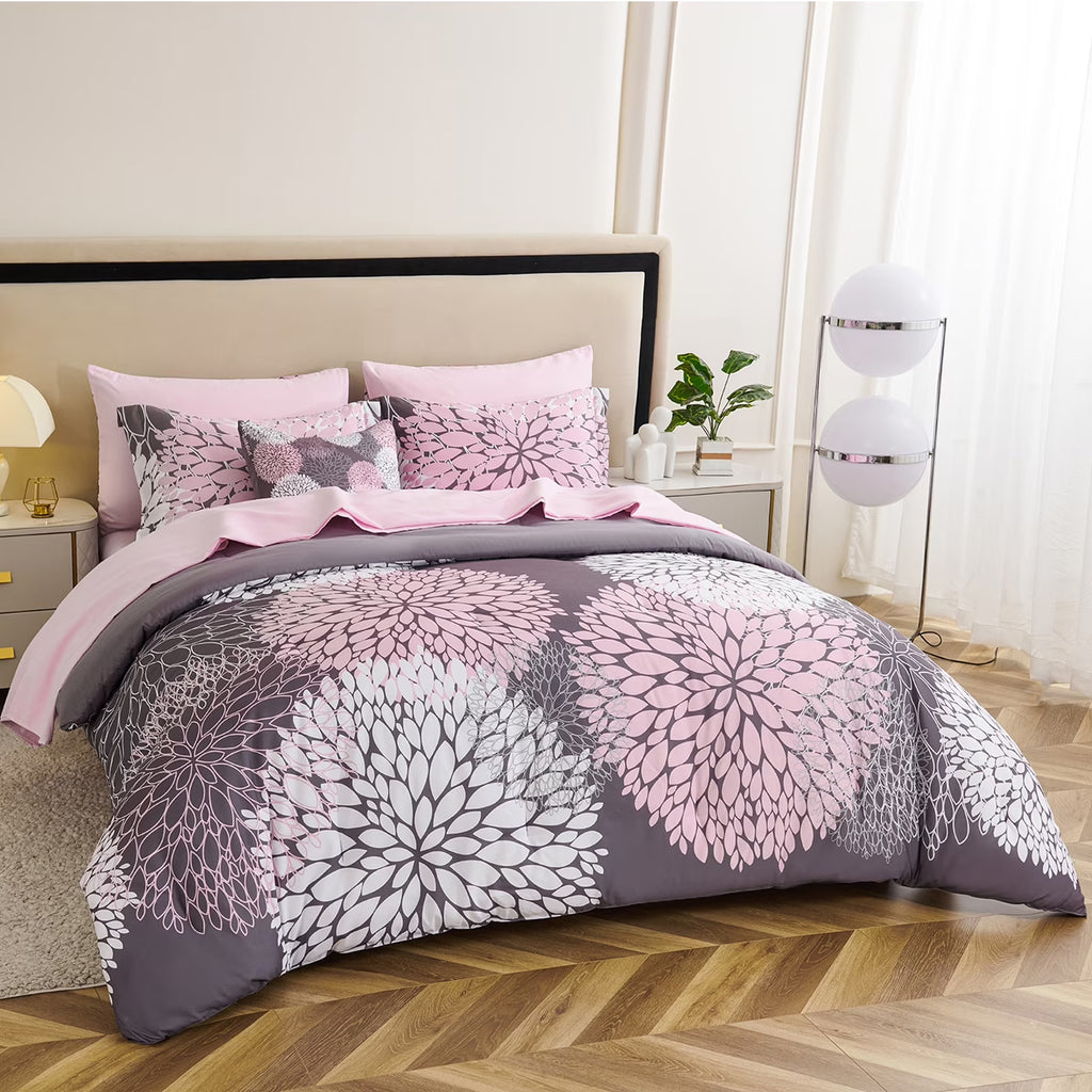 8-Piece Pink and Grey Queen Comforter Set - Reversible Floral Bed in a Bag with Sheets, Pillowcases, Shams, and Decorative Pillow Cover for Teen Girls and Women