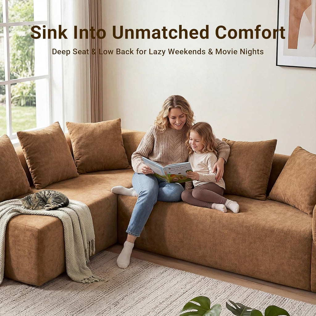 106" Cloud Boneless Couch, L-Shaped Sectional Sofa, Brown | Soft Knitted Fabric, Deep Seat Design, No Assembly Required,