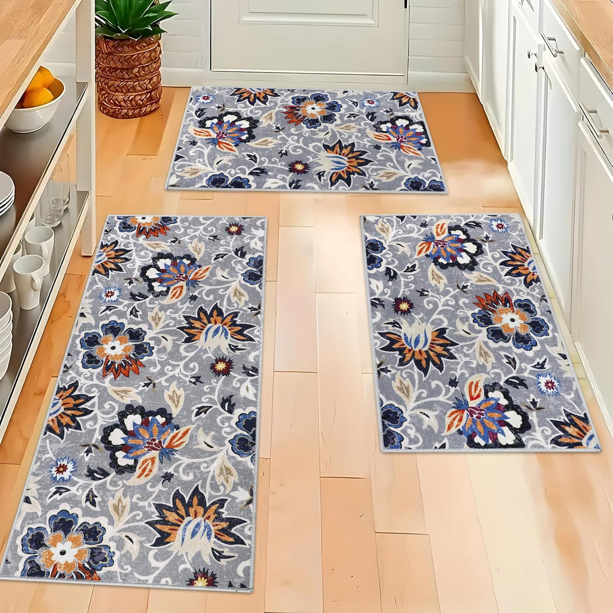Boho Kitchen Mats 3 Piece Set Kitchen Rugs Non Slip Kitchen Mats for Floor Washable Kitchen Rugs and Mats Floral Kitchen Runner Rugs for Hallway Kitchen Laundry