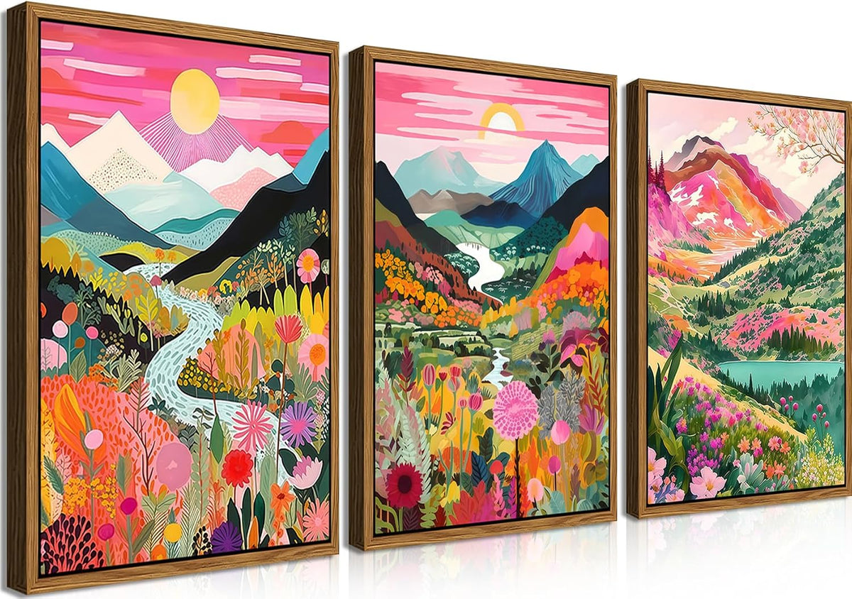 Floating Framed Large Boho Colorful Mountain Wall Art Set of 3, Abstract Watercolor Landscape Flower Wall Decor Paintings, Modern Nature Sunset Forest Posters Prints for Living Room 16X24 Inch