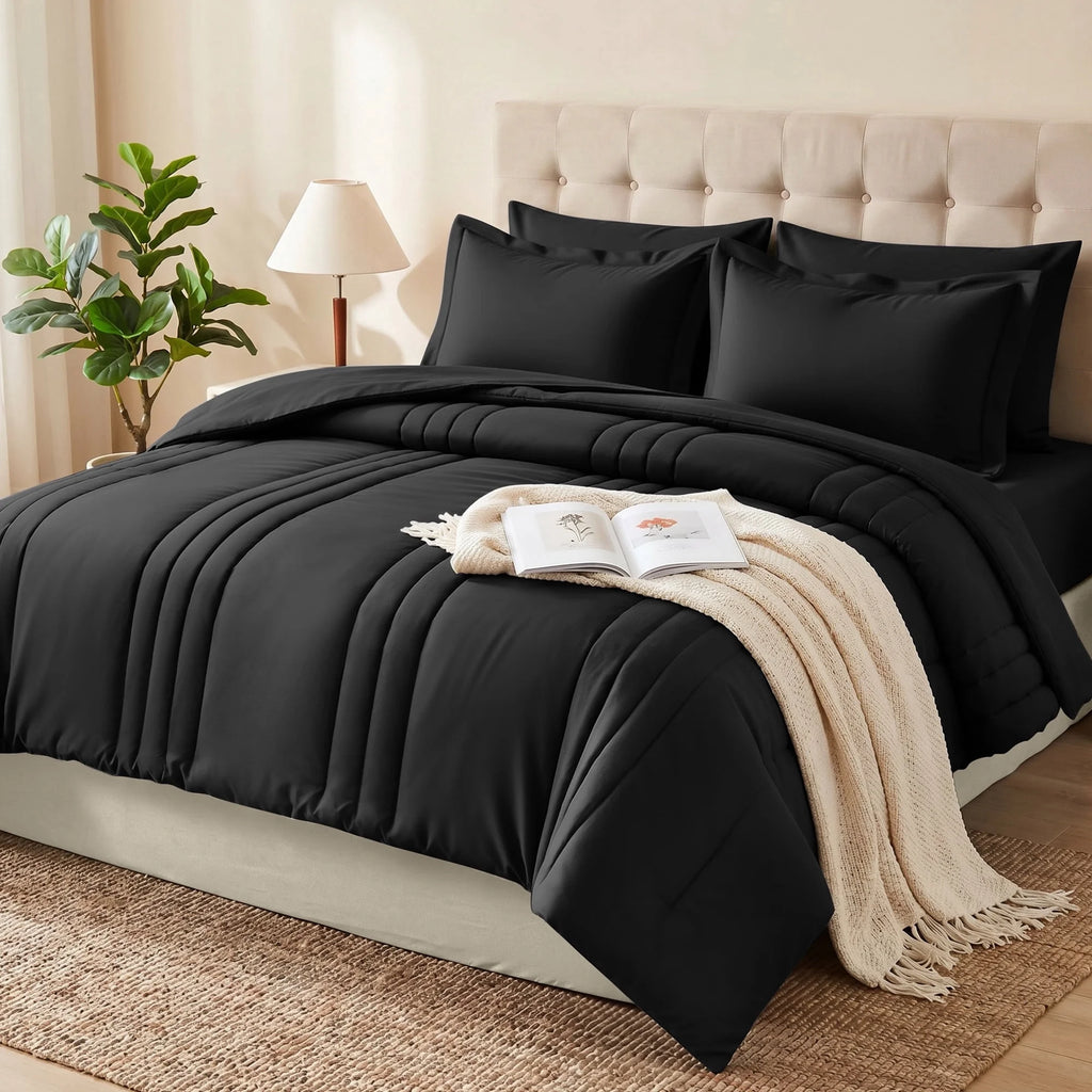 7-Piece Bed in Bag - Queen Size Striped Comforter Sets, Pillowcases & Sheet Collection for Cozy Bedding Sets - Black