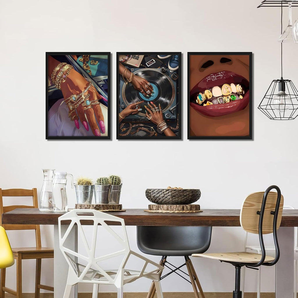 Black Girl Wall Art Set of 3, African American Black Woman Wall Decor, Fashion Abstract Women Posters Prints Pictures for Bedroom Bathroom Living Room Wood Framed 16X24 Inch