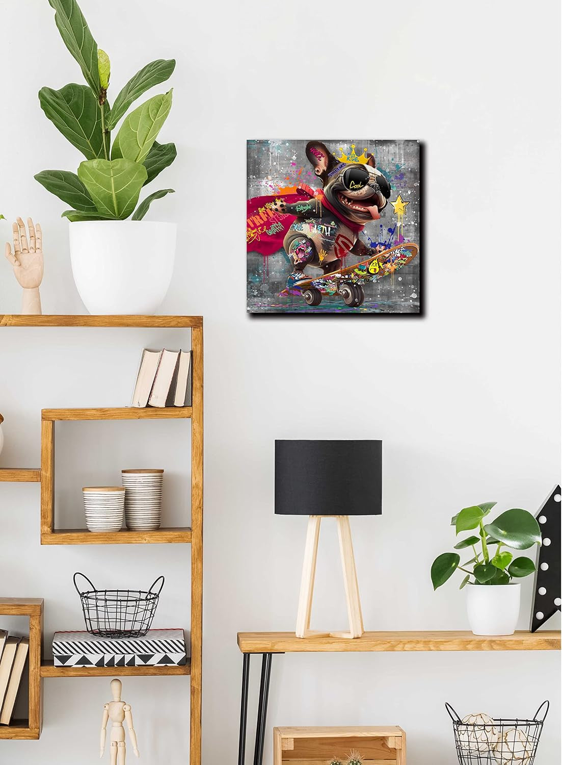 Funny Canvas Wall Art Funky Dog Play Skateboard Graffiti Picture Cool Wall Decor Ready to Hang for Bedroom Kids Room Size 14”W X 14”H
