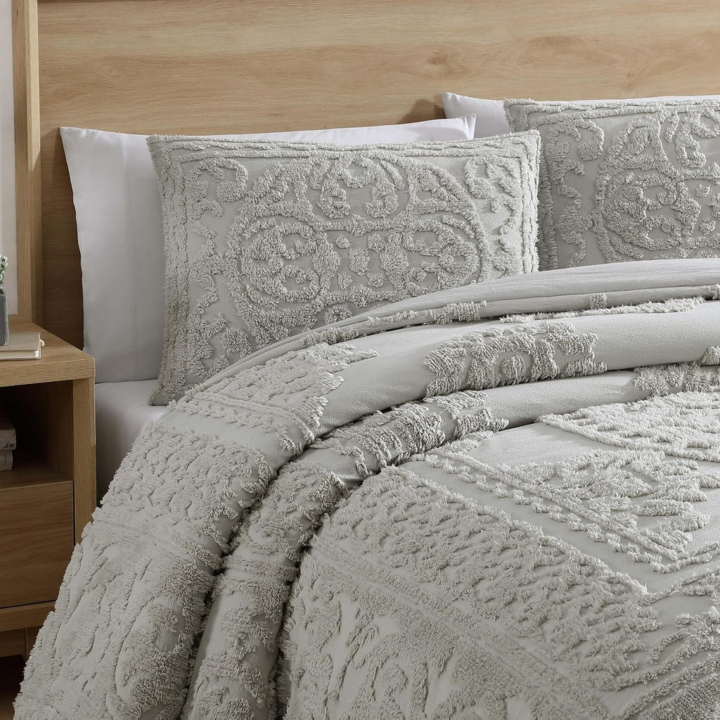 Medallion Tufted Chenille Comforter 3-Piece Set, Cotton, All Season Cozy Bedding, King, Gray