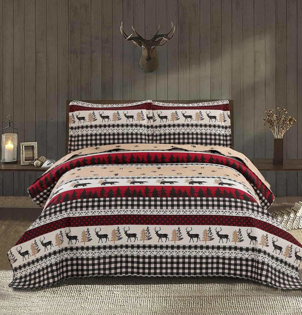 Quilt Set Queen/Full Size Rustic Quilt Bedspread Country Lodge Bedding Cabin Reversible Quilt Bedding Home Lightweight Bedspread Coverlet Black White Buffalo Plaid Quilt Animal Moose Bear Bedding