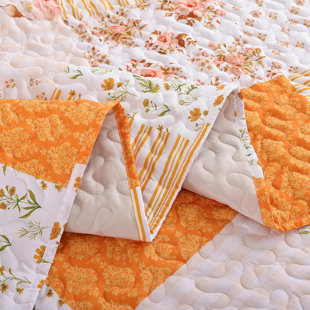 Floral Quilt Set Queen Size – Ultra Soft Lightweight Bedspread, 3 Piece Orange Bedding Set (90"X90") with Pillowcases (20"X26"), All Season Coverlet for Bedroom & Guest Room