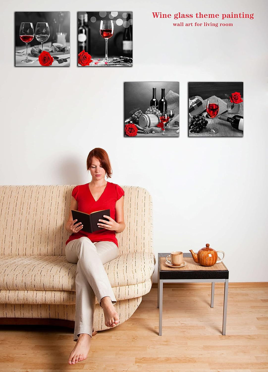 Large Kitchen Wall-Art - Red Wine Wall Art for Living Room - Modern Wall Decor for Dining Room Rose Artwork 4 Pieces Framed Canvas Art 20X20 Inches