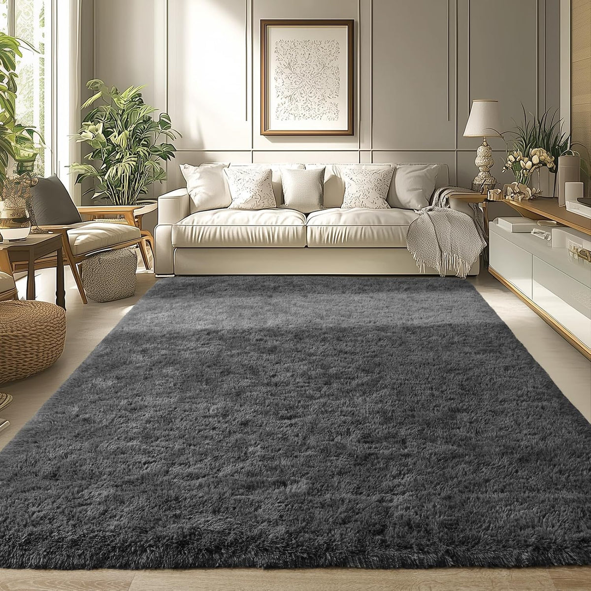 Modern Soft Fluffy Small Shaggy Rug for Bedroom Livingroom Dorm Kids Room Indoor Home Decorative, Non-Slip Plush Furry Fur Area Rugs Comfy Nursery Accent Floor Carpet 5X7 Feet,Dark Grey