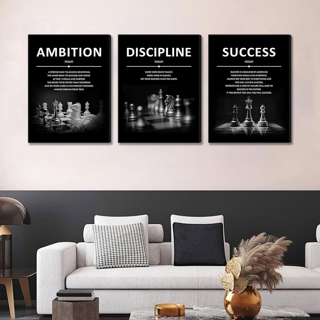 Motivational Wall Decor Inspirational Office Canvas Wall Art Quotes Prints Artwork Success Ambition Discipline Encouraging Pictures for Study Room Gym Sayings Home Decoration 12” X16” X3Pcs