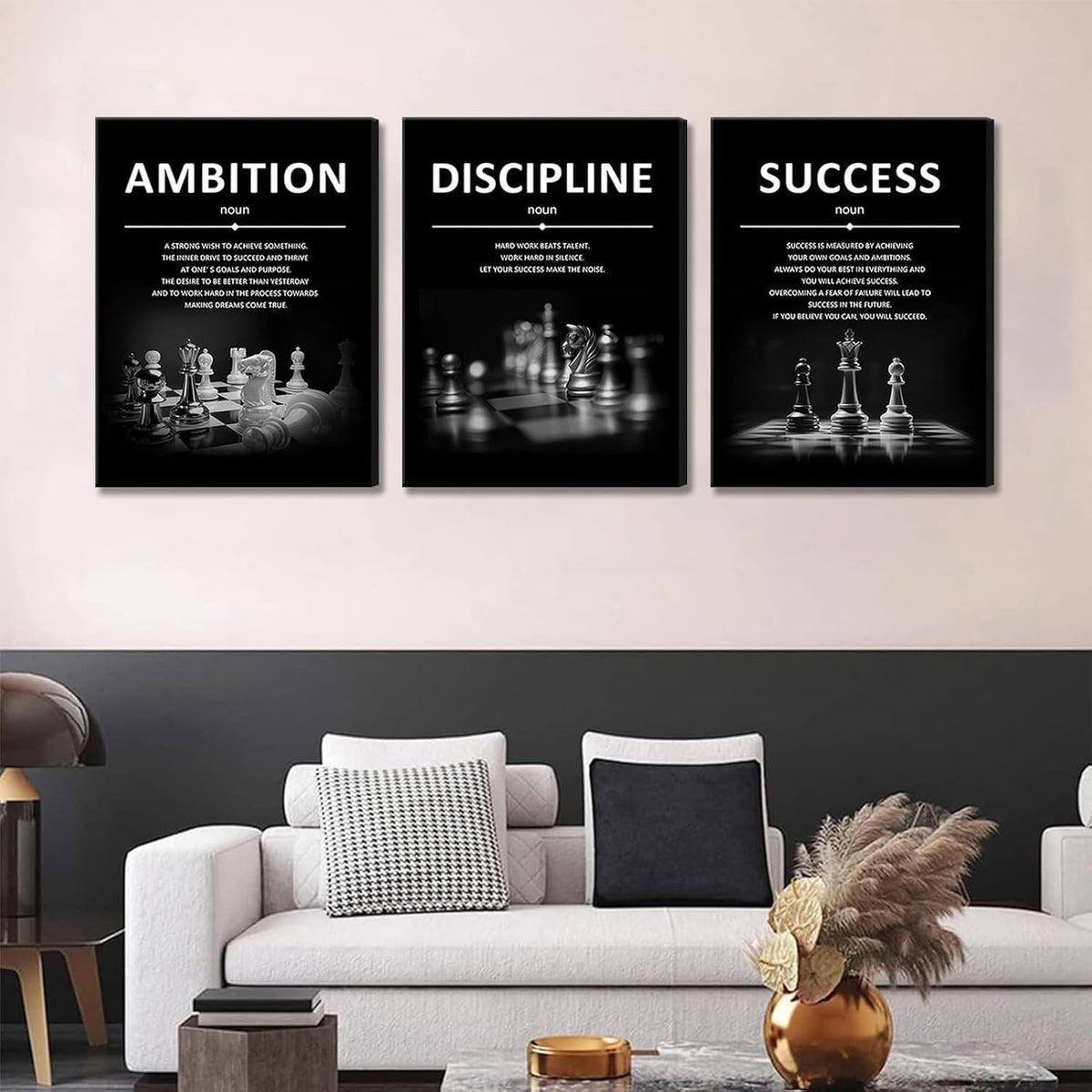 Motivational Wall Decor Inspirational Office Canvas Wall Art Quotes Prints Artwork Success Ambition Discipline Encouraging Pictures for Study Room Gym Sayings Home Decoration 12” X16” X3Pcs