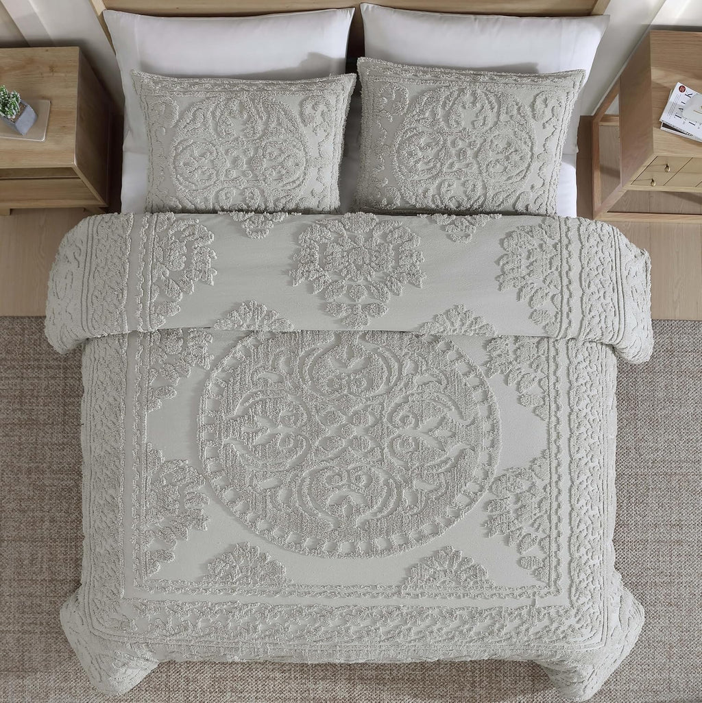 Medallion Tufted Chenille Comforter 3-Piece Set, Cotton, All Season Cozy Bedding, King, Gray