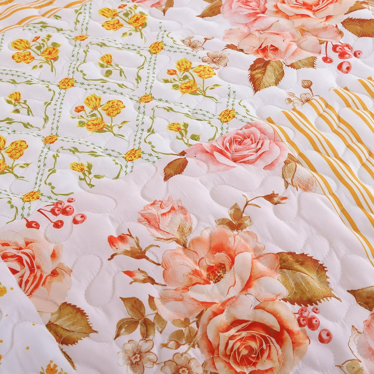 Floral Quilt Set Queen Size – Ultra Soft Lightweight Bedspread, 3 Piece Orange Bedding Set (90"X90") with Pillowcases (20"X26"), All Season Coverlet for Bedroom & Guest Room