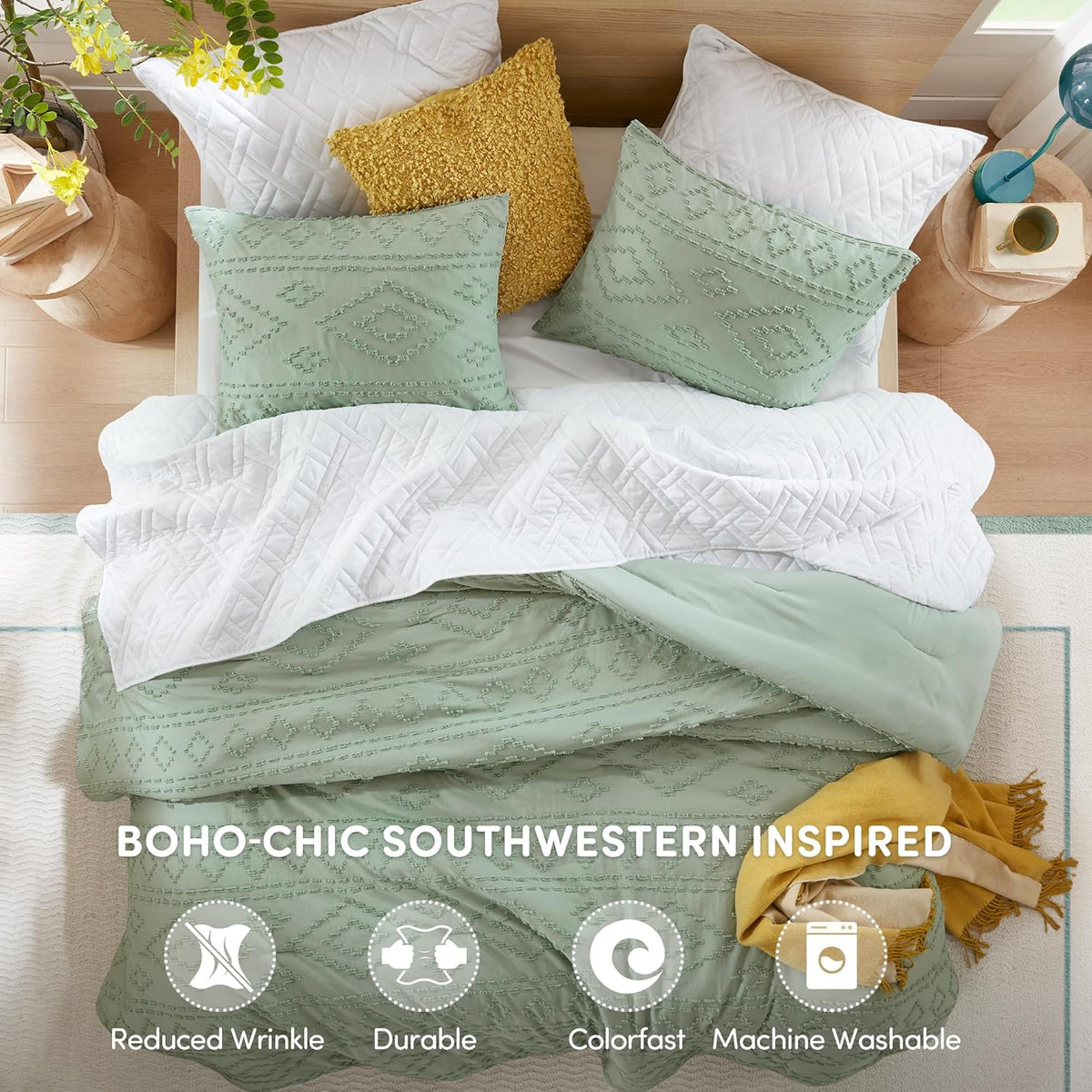 Comforter for Queen Size Bed, Geometric Diamond Tufted Boho Comforter Set Queen, All Season Lightweight Bedding Set, Matching Sham, Full/Queen Sage Green 3 Piece