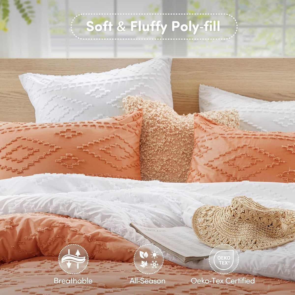 Comforter for King Size Bed, Geometric Diamond Tufted Boho Comforter Set, All Season Lightweight Bedding Set, Matching Sham, King/Cal King Terracotta 3 Piece
