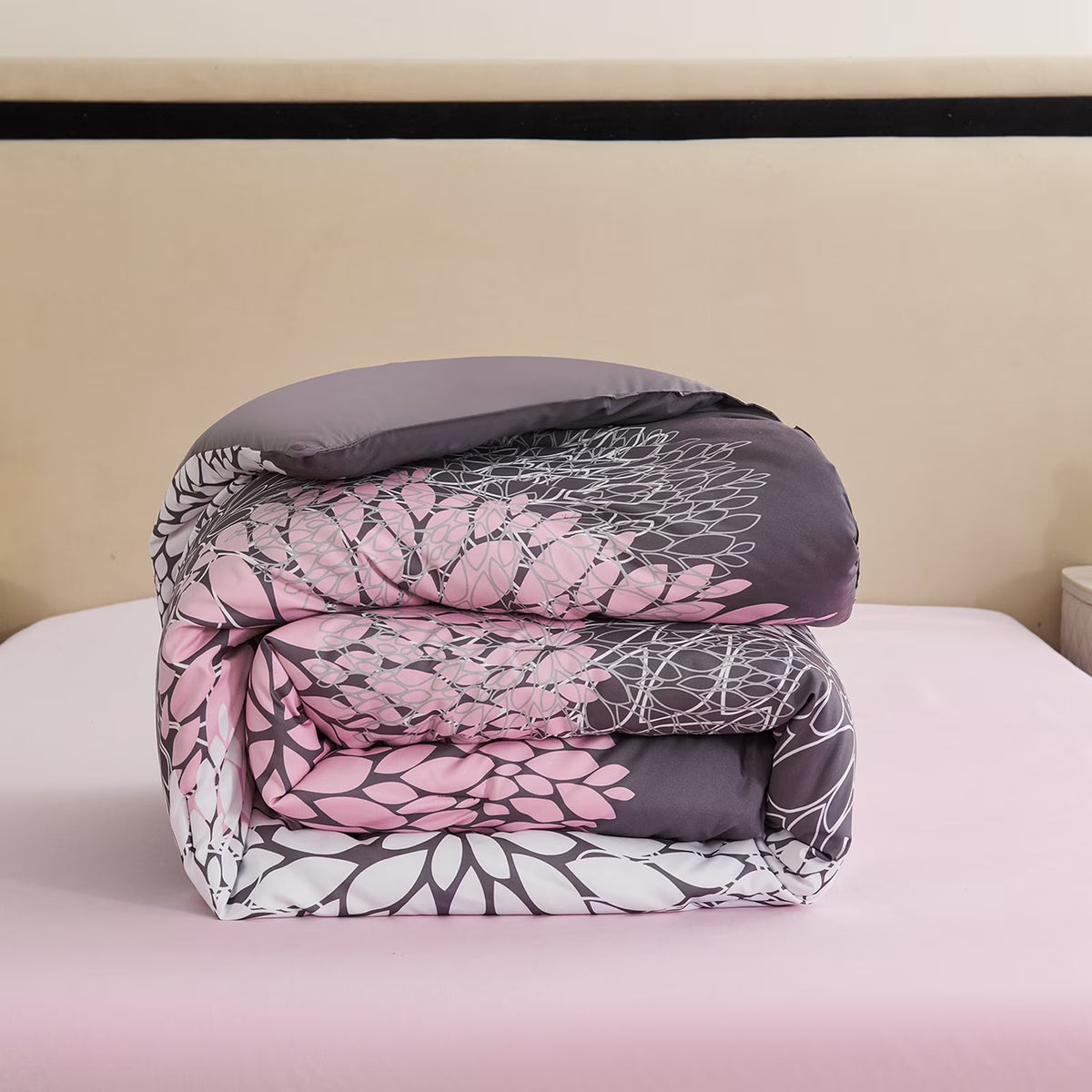 8-Piece Pink and Grey Queen Comforter Set - Reversible Floral Bed in a Bag with Sheets, Pillowcases, Shams, and Decorative Pillow Cover for Teen Girls and Women