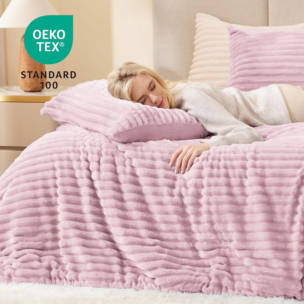 Fluffy Comforter Set King Size - Super Soft Faux Fur Stripe Jacquard Comforter 3 Pieces, Fleece Bedding Set,Winter Warm Bed Set,1 Comforter with 2 Pillowcases (Purplish Pink)
