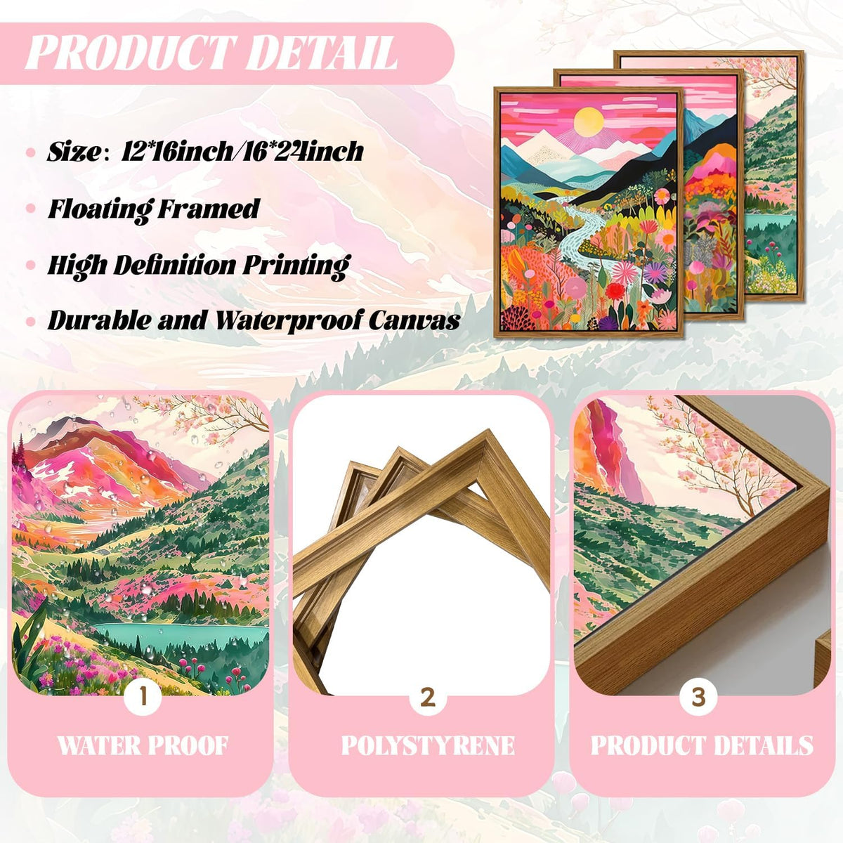 Floating Framed Large Boho Colorful Mountain Wall Art Set of 3, Abstract Watercolor Landscape Flower Wall Decor Paintings, Modern Nature Sunset Forest Posters Prints for Living Room 16X24 Inch