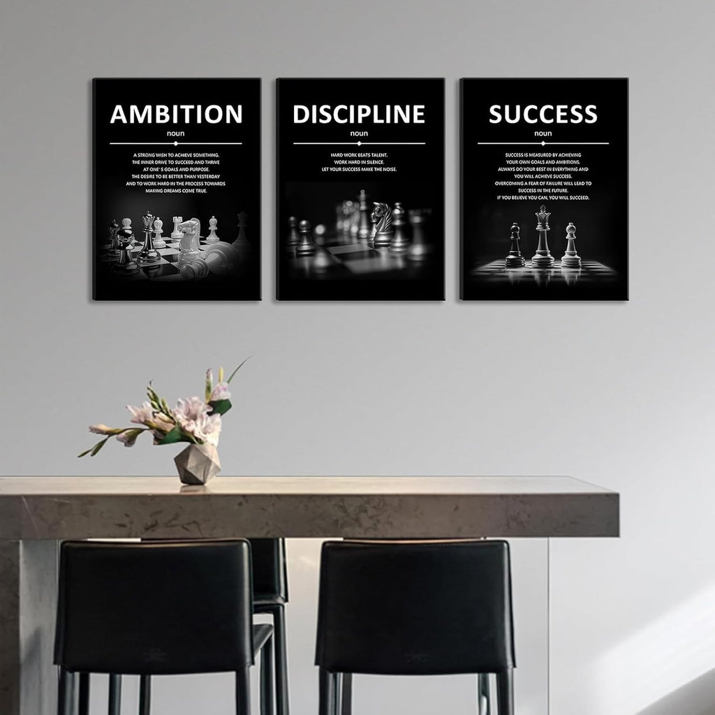 Motivational Wall Decor Inspirational Office Canvas Wall Art Quotes Prints Artwork Success Ambition Discipline Encouraging Pictures for Study Room Gym Sayings Home Decoration 12” X16” X3Pcs