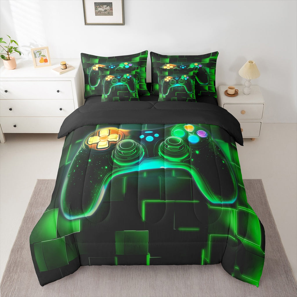 7-Piece Gamer Comforter Set, Twin, Gaming Bedding with Neon Glowing Green Geometric Patterns