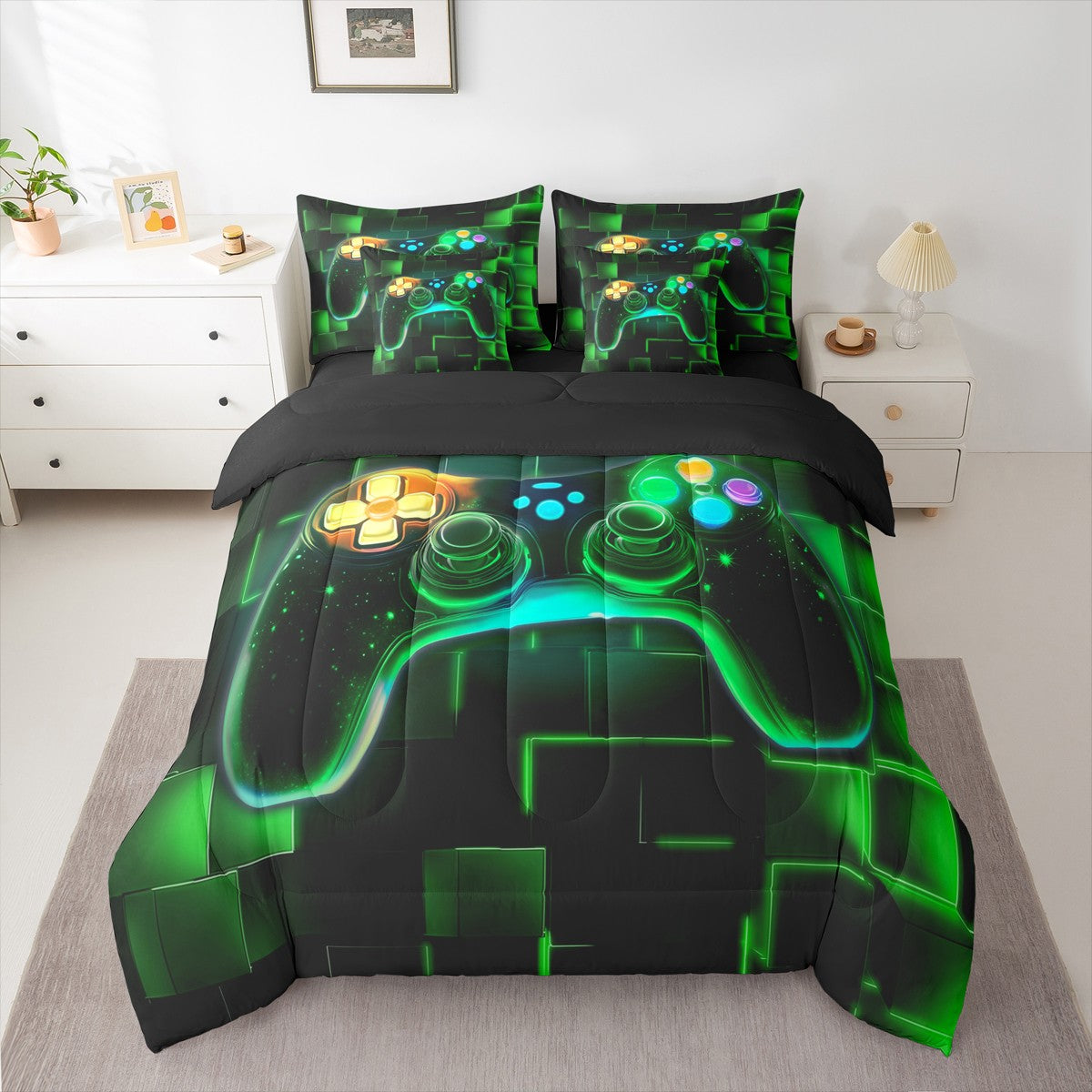 7-Piece Gamer Comforter Set, Twin, Gaming Bedding with Neon Glowing Green Geometric Patterns
