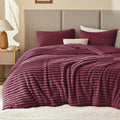 Fluffy Comforter Set Twin Size - Super Soft Faux Fur Stripe Jacquard Comforter 2 Pieces, Burgundy Fleece Bedding Set,Winter Warm Bed Set,1 Comforter with 1 Pillowcase
