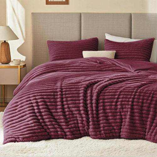 Fluffy Comforter Set Twin Size - Super Soft Faux Fur Stripe Jacquard Comforter 2 Pieces, Burgundy Fleece Bedding Set,Winter Warm Bed Set,1 Comforter with 1 Pillowcase