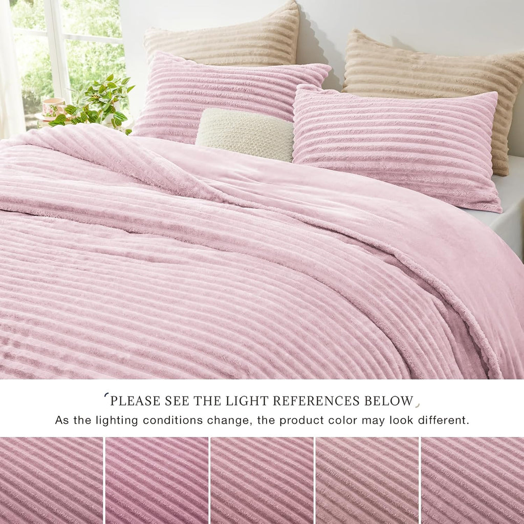 Fluffy Comforter Set King Size - Super Soft Faux Fur Stripe Jacquard Comforter 3 Pieces, Fleece Bedding Set,Winter Warm Bed Set,1 Comforter with 2 Pillowcases (Purplish Pink)