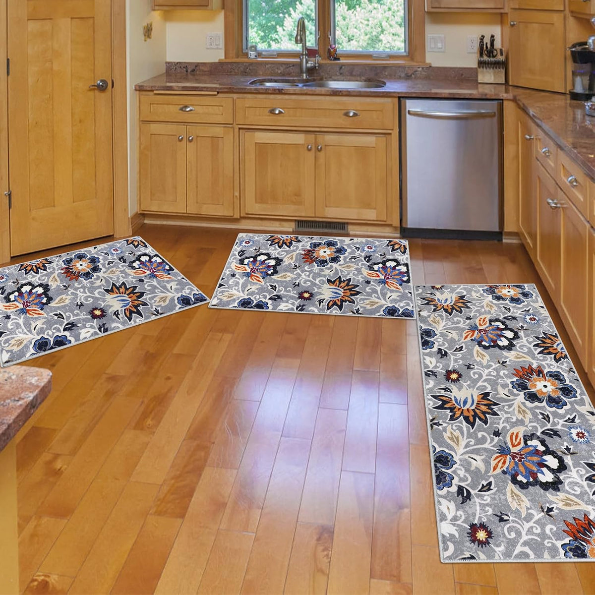 Boho Kitchen Mats 3 Piece Set Kitchen Rugs Non Slip Kitchen Mats for Floor Washable Kitchen Rugs and Mats Floral Kitchen Runner Rugs for Hallway Kitchen Laundry