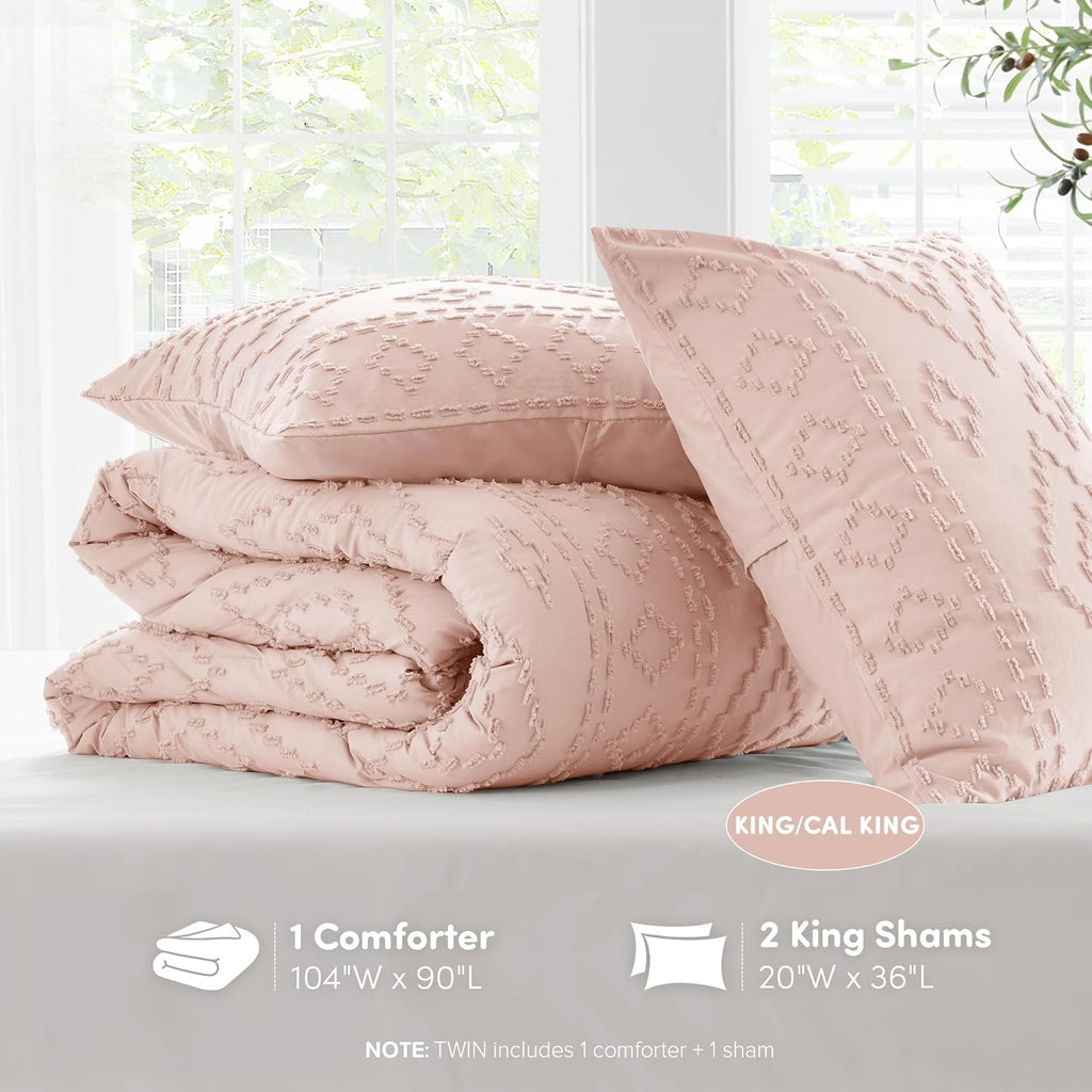 Comforter for King Size Bed, Geometric Diamond Tufted Boho Comforter Set, All Season Lightweight Bedding Set, Matching Sham, King/Cal King Pink 3 Piece
