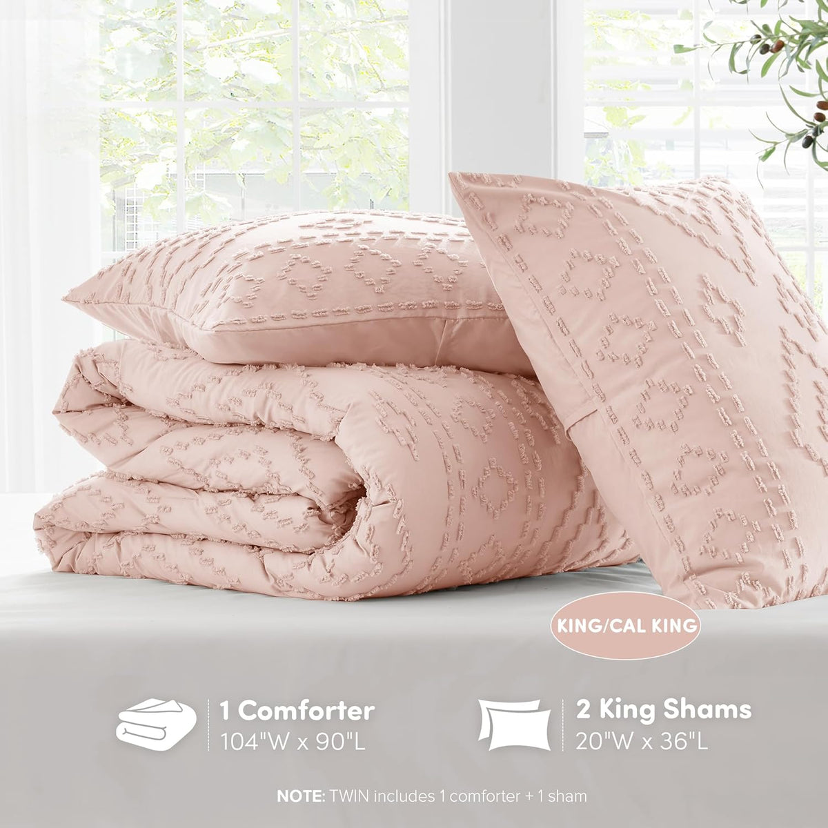Comforter for King Size Bed, Geometric Diamond Tufted Boho Comforter Set, All Season Lightweight Bedding Set, Matching Sham, King/Cal King Pink 3 Piece