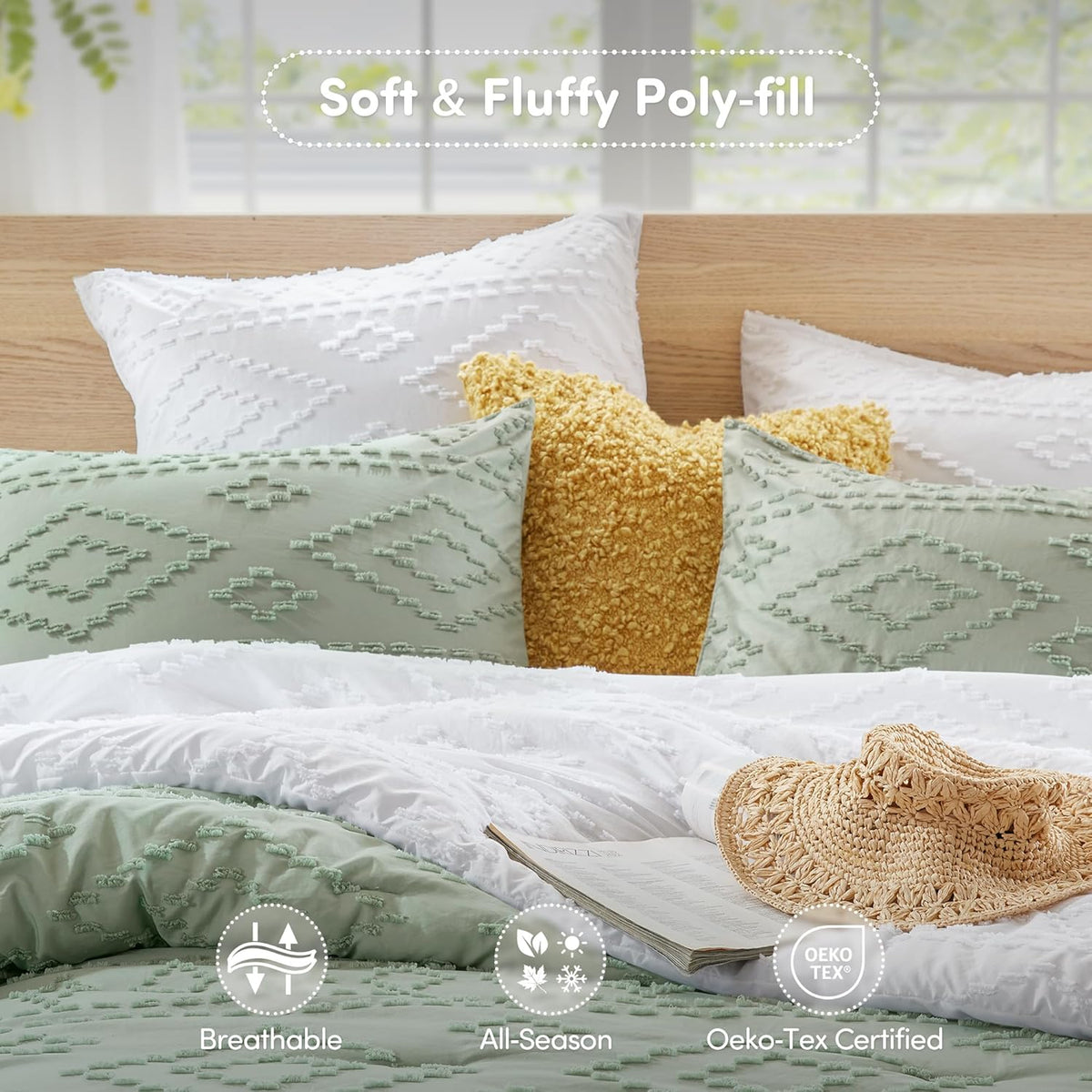 Comforter for Queen Size Bed, Geometric Diamond Tufted Boho Comforter Set Queen, All Season Lightweight Bedding Set, Matching Sham, Full/Queen Sage Green 3 Piece