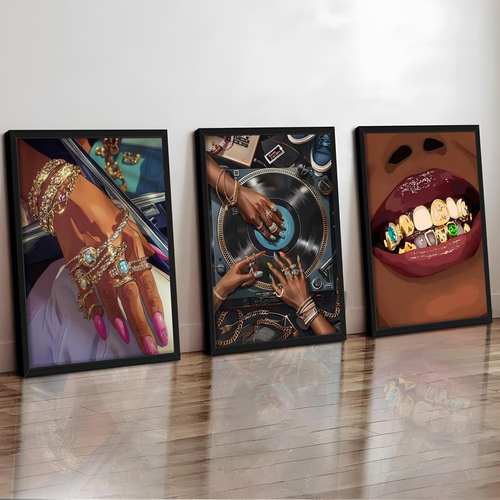 Black Girl Wall Art Set of 3, African American Black Woman Wall Decor, Fashion Abstract Women Posters Prints Pictures for Bedroom Bathroom Living Room Wood Framed 16X24 Inch