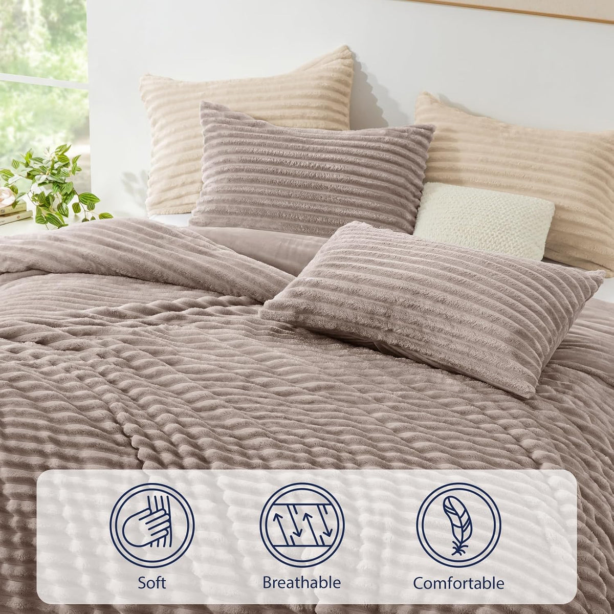 Fluffy Comforter Set King Size - Super Soft Faux Fur Stripe Jacquard Comforter 3 Pieces, Dark Khaki Fleece Bedding Set,Winter Warm Bed Set,1 Comforter with 2 Pillowcases