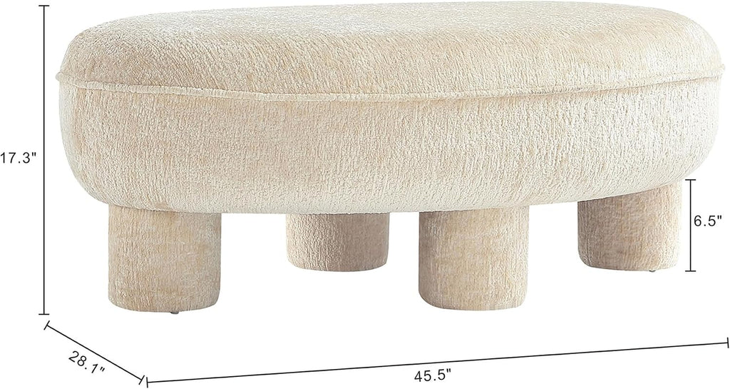 Tribeca 45.5" Mid-Century Modern Accent Ottoman in Chenille Upholstery, Fully Assembled Living Room Seating or Foot Rest with Chunky Cylinder Legs, Cream