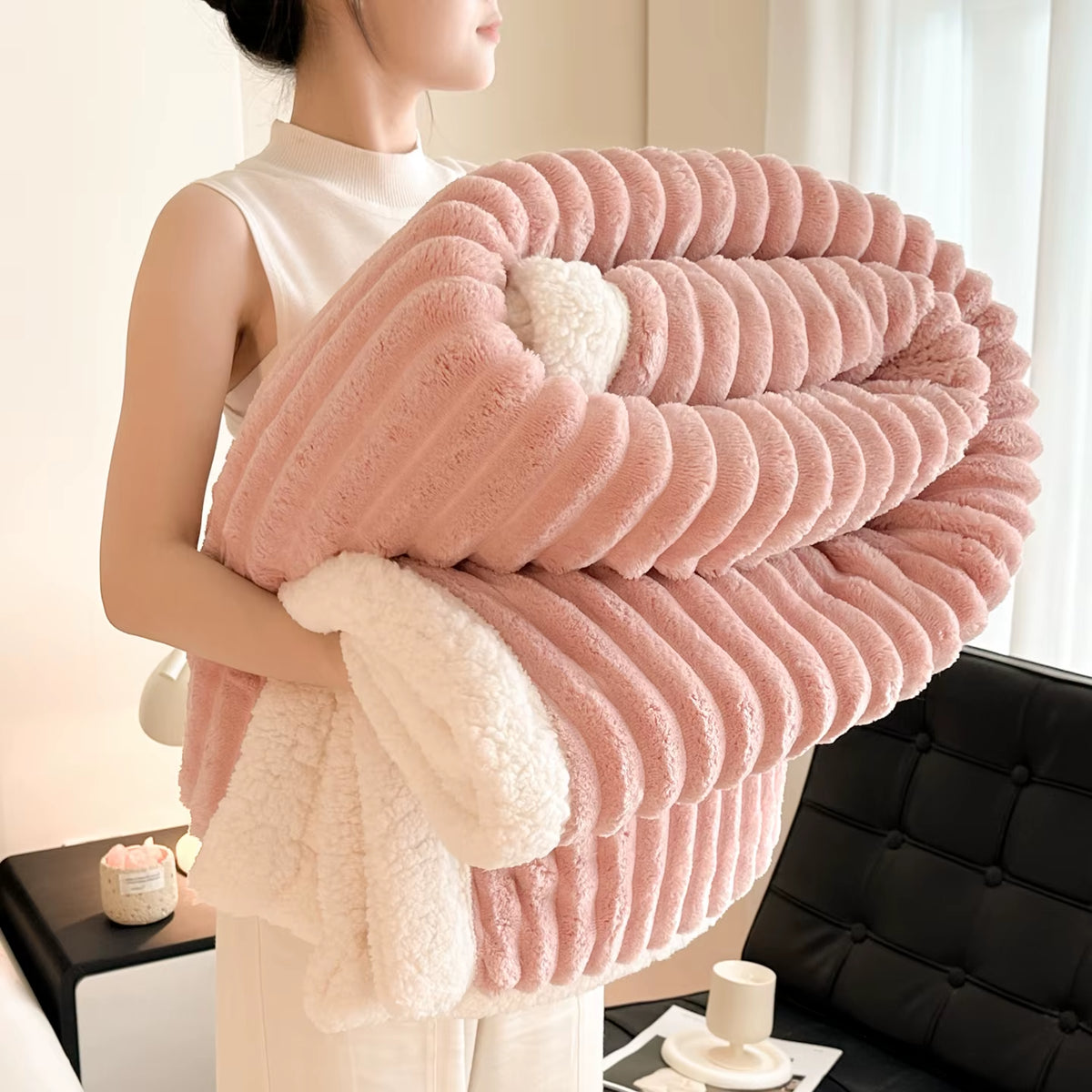 Cozy Fluffy Coral Fleece Blanket Thick Warm Striped Winter Duvets Soft Plush Sofa Throw Blanket Queen Bedroom Bedspread for Home