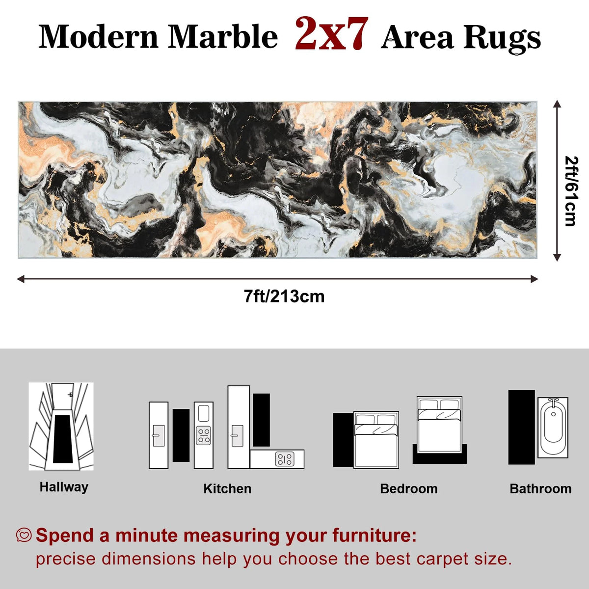 2X7 Runner Rug for Hallways Kitchen Modern Abstract Washable Runner Rug Soft Non Slip Marble Indoor Carpet Runner for Laundry Entryway Bedroom Bathroom