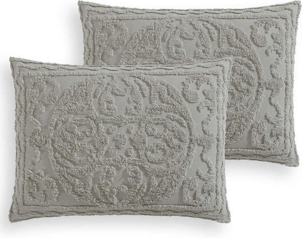Medallion Tufted Chenille Comforter 3-Piece Set, Cotton, All Season Cozy Bedding, King, Gray
