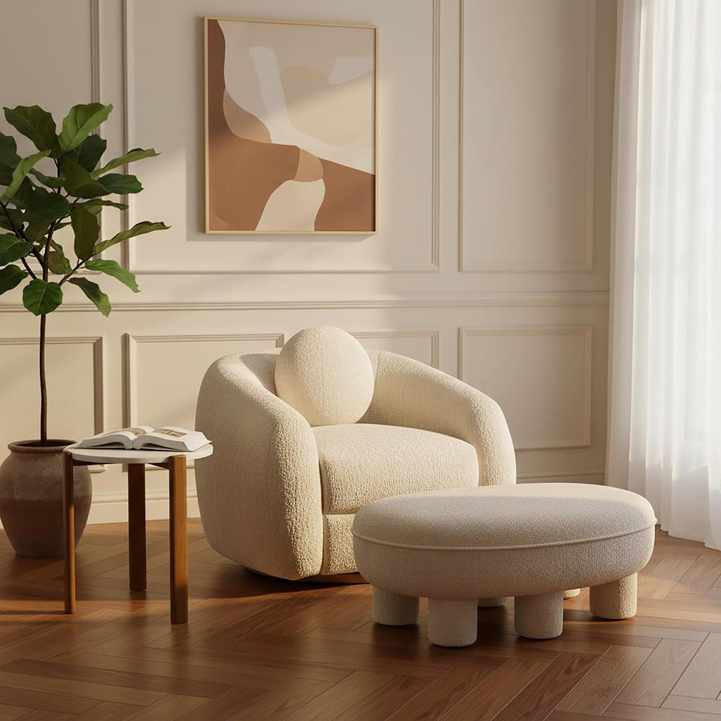 Tribeca 45.5" Mid-Century Modern Accent Ottoman in Chenille Upholstery, Fully Assembled Living Room Seating or Foot Rest with Chunky Cylinder Legs, Cream