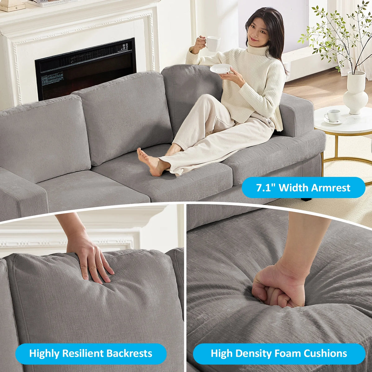 3 Piece Living Room Furniture Sets, Modern Chenille Sofa Set for Living Room/Small Spaces, Sofa, Loveseat and Armchair, Light Gray