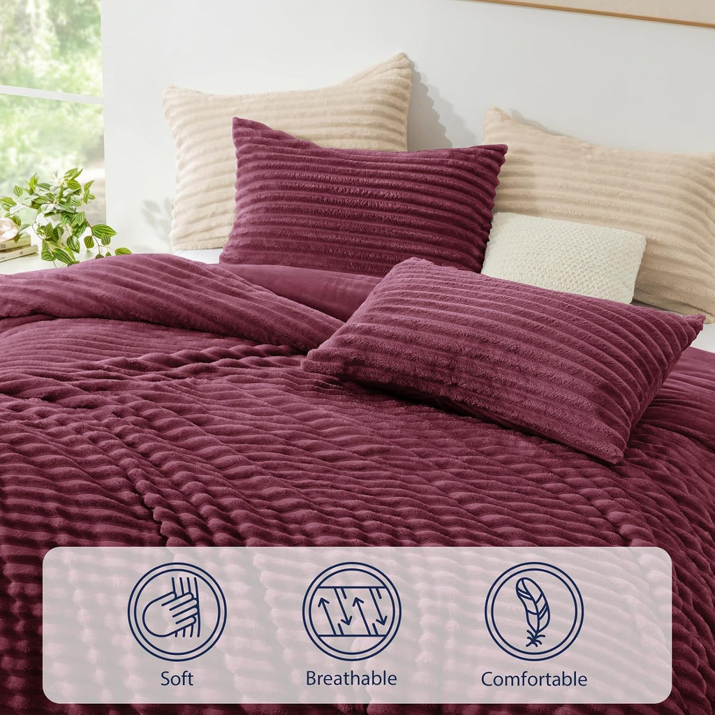 Fluffy Comforter Set Twin Size - Super Soft Faux Fur Stripe Jacquard Comforter 2 Pieces, Burgundy Fleece Bedding Set,Winter Warm Bed Set,1 Comforter with 1 Pillowcase