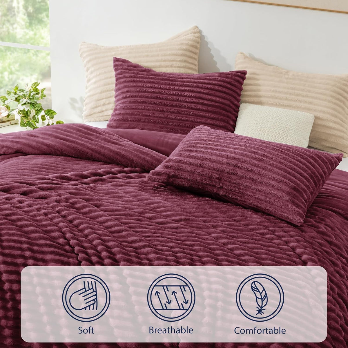 Fluffy Comforter Set Twin Size - Super Soft Faux Fur Stripe Jacquard Comforter 2 Pieces, Burgundy Fleece Bedding Set,Winter Warm Bed Set,1 Comforter with 1 Pillowcase