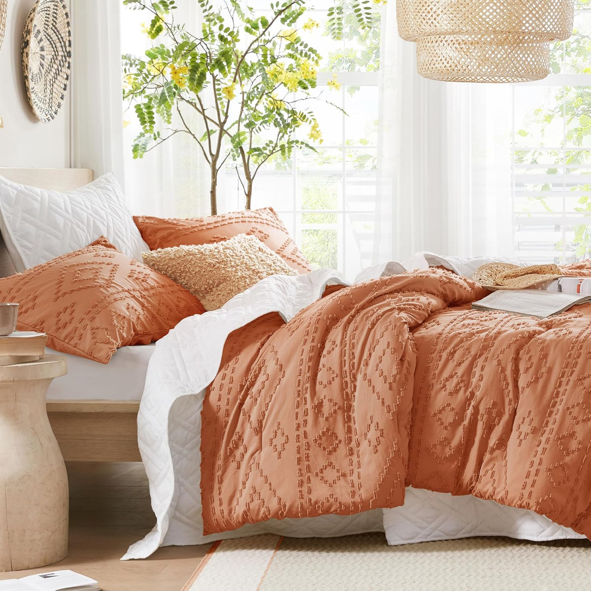 Comforter for King Size Bed, Geometric Diamond Tufted Boho Comforter Set, All Season Lightweight Bedding Set, Matching Sham, King/Cal King Terracotta 3 Piece
