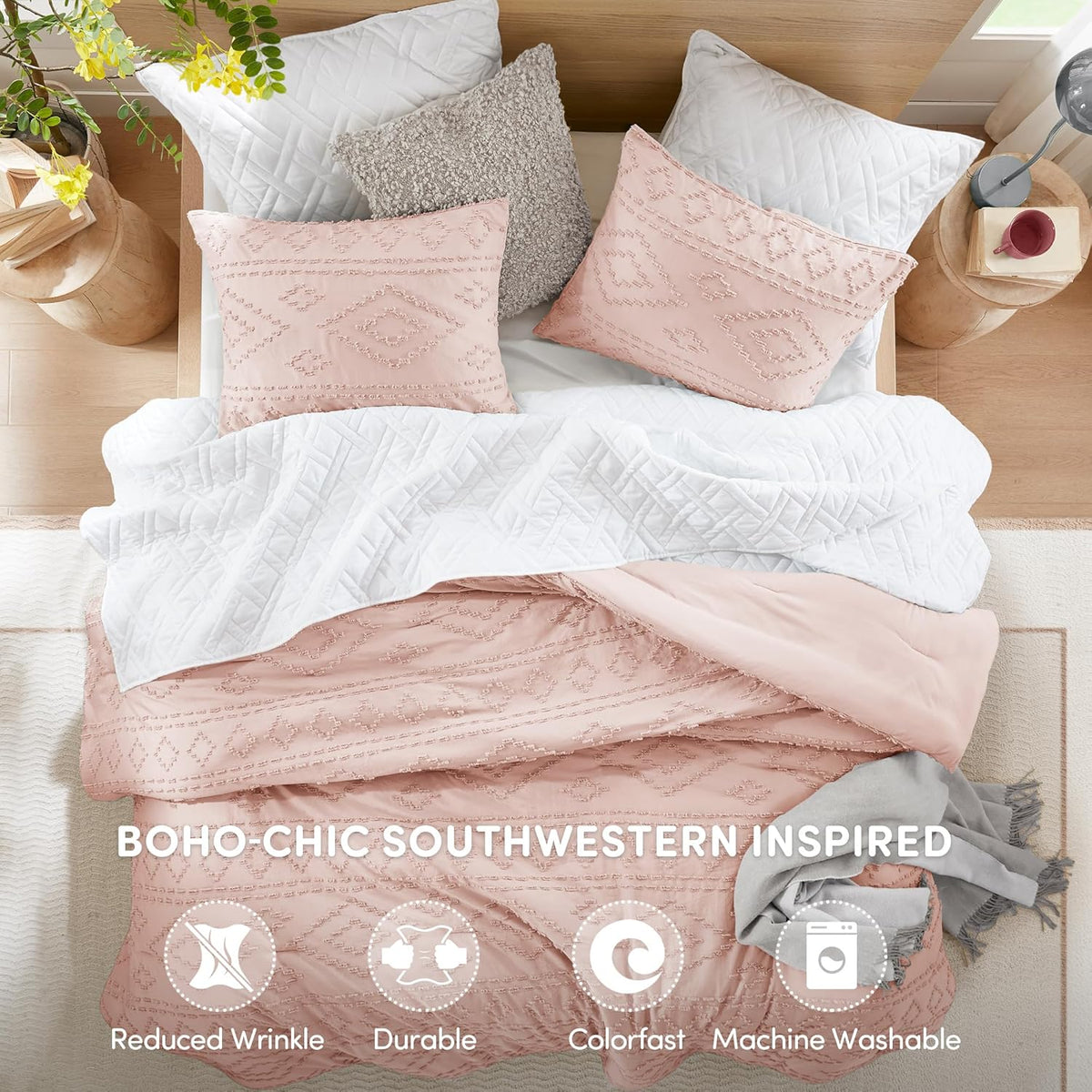 Comforter for King Size Bed, Geometric Diamond Tufted Boho Comforter Set, All Season Lightweight Bedding Set, Matching Sham, King/Cal King Pink 3 Piece
