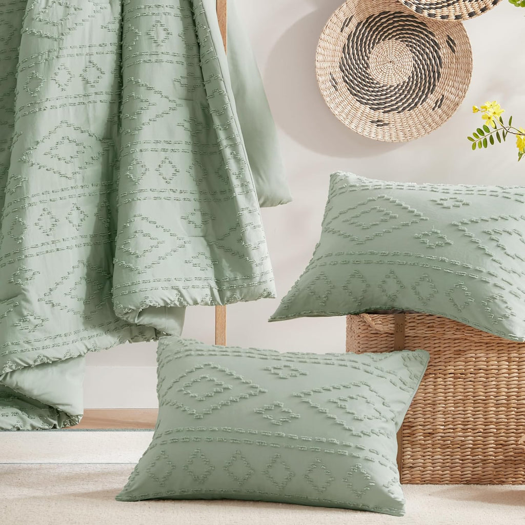 Comforter for Queen Size Bed, Geometric Diamond Tufted Boho Comforter Set Queen, All Season Lightweight Bedding Set, Matching Sham, Full/Queen Sage Green 3 Piece