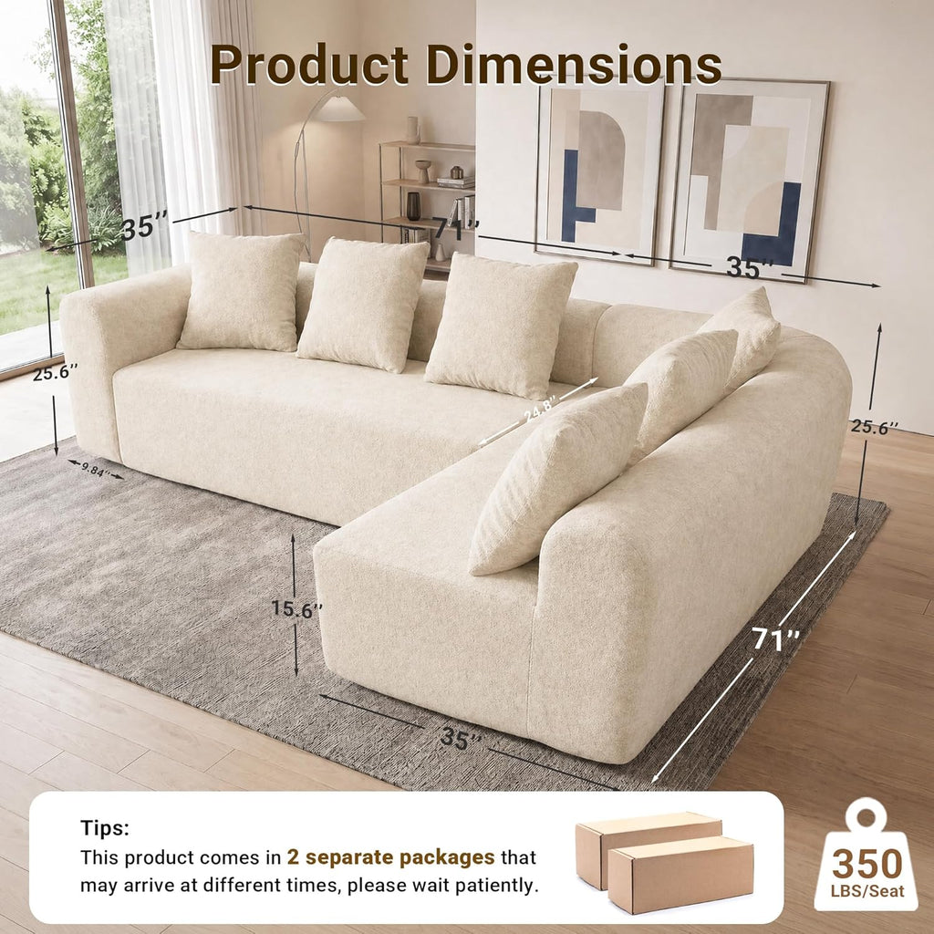 106" Cloud Boneless Couch, L-Shaped Sectional Sofa, Beige | Soft Knitted Fabric, Deep Seat Design, No Assembly Required,