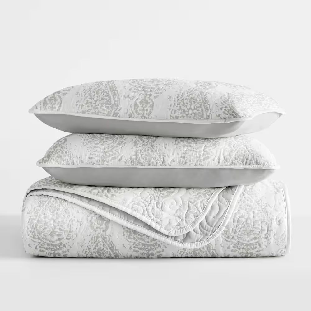 All Season 3-Pcs Distressed Damask Reversible Microfiber Quilt Set with Shams